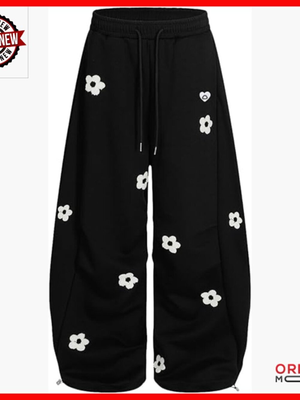 Wide Leg Sweatpants with Floral Embroidery Elastic Drawstring Barrel Pants